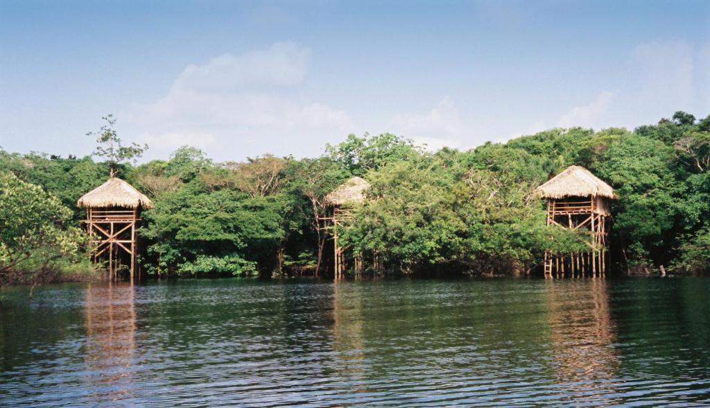 Visão ao longe de três bangalôs na Amazonia, suspensos por palafitas no rio